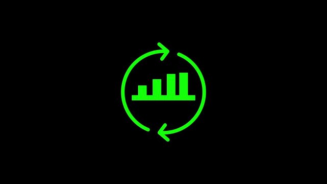 Animated continuous improvement and rotating cycle flow lines icon featuring growth graph on black background. Containing arrow up for process optimization.