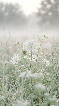 Foggy and Misty Morning Woodland Meadow Filled with White Wild Flowers