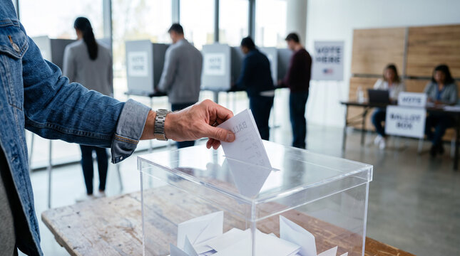 Voter casting ballot into transparent box at a modern polling station during election