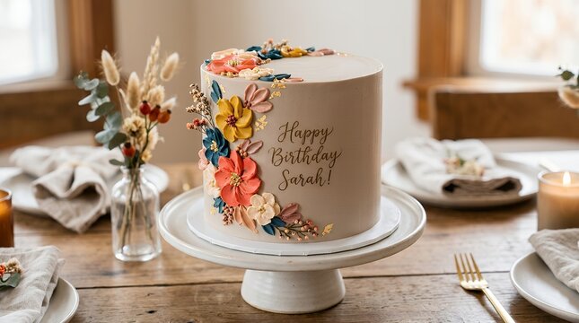 Elegant Birthday Cake with Floral Decorations on a Rustic Table Setting.