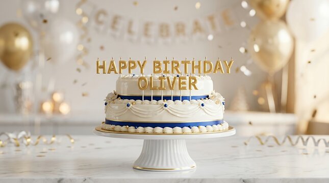 Elegant Birthday Cake with Happy Birthday Oliver Topper and Confetti.