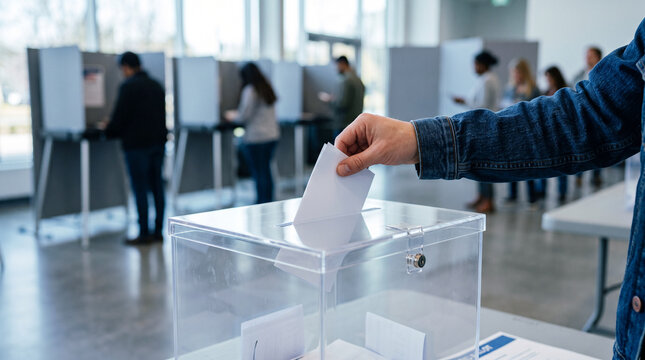 Person casting a vote into a ballot box at a polling station