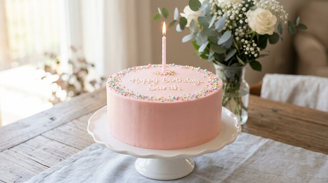 Pink Birthday Cake with a Lit Candle on a Wooden Table.