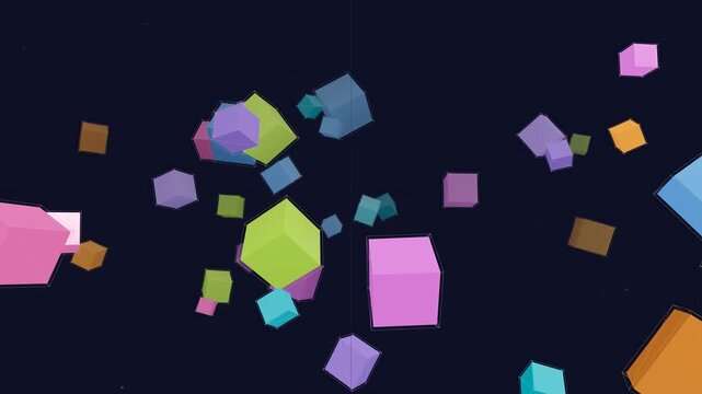 Abstract 3D colorful cubes floating and rotating in a dark digital space with grid lines