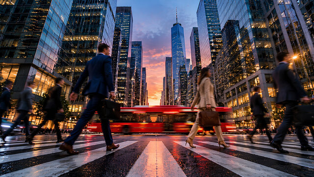 Commuters Crossing Busy City Street at Sunset in Corporate Financial District with Modern Glass Buildings