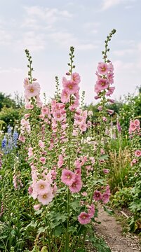 Tall Pink Hollyhock Flowers Blooming Abundantly in a Garden Path