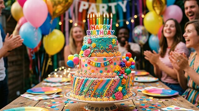 Vibrant Birthday Celebration with a Colorful Three-Tier Cake and Cheerful Guests.