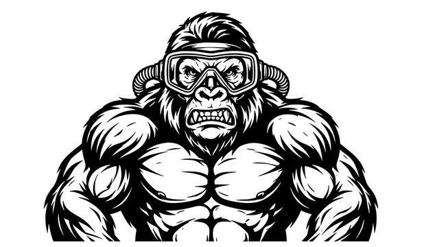 Angry Muscular Gorilla Mascot Wearing Goggles, Strong Ape Bodybuilder Illustration Vector Black and White