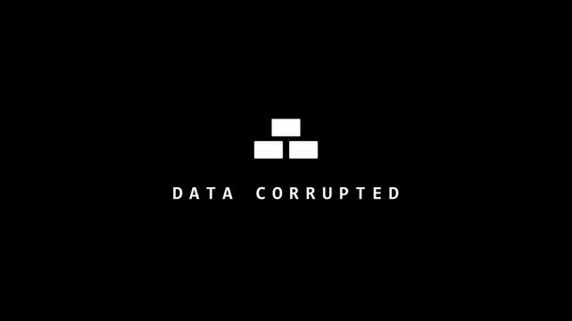 Data corrupted digital error text with glitch effect on black background. 4K video