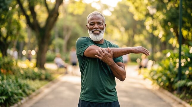 Smiling senior man with gray beard in green T-shirt stretches arm across chest on a sunny park path; trees and people blurred in the distance