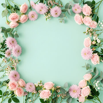 Pastel Floral Wreath Frame With Pink Roses On A Soft Mint Background