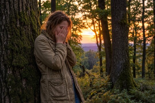 Sad Woman Covering Face While Leaning Against Tree in Forest