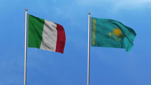 Italy and Kazakhstan Waving Flags, 3D Illustration