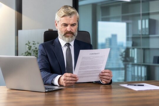 Businessman Reading Contract at Office Desk