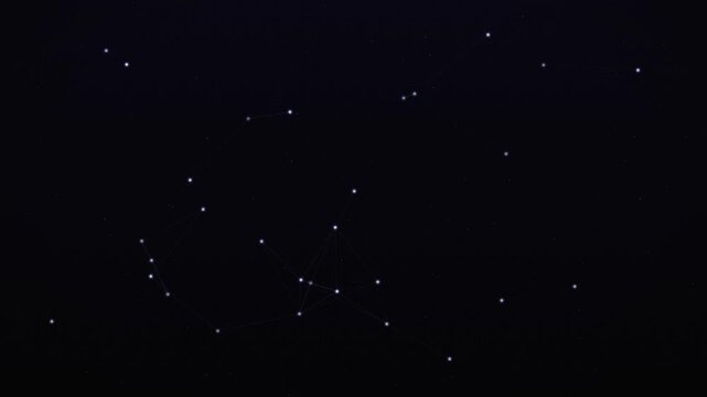 Glowing satellite constellation moving through the night sky, astronomical star train in dark space, low earth orbit communication satellites