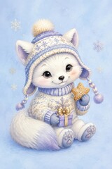 Fototapeta premium Adorable winter fox cub holding cookie beside wrapped gift