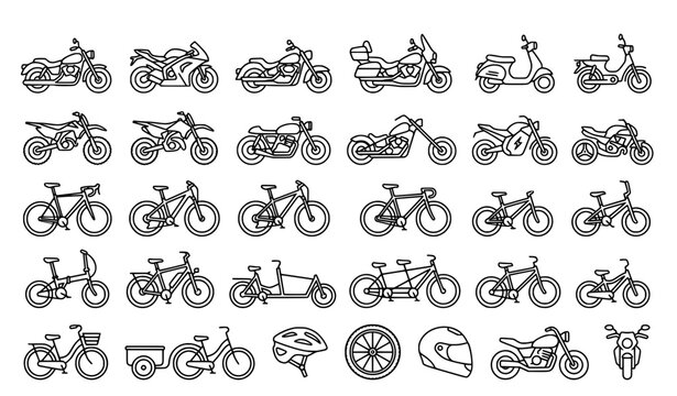 Motorcycles and bicycles line icon set featuring sport bike, cruiser, scooter, dirt bike, chopper, mountain bike, road bike, cargo bike, tricycle, helmet and wheel, black outline vector transport symb