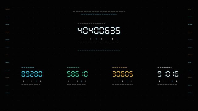 Ticking digital counter numbers HUD overlay on black background