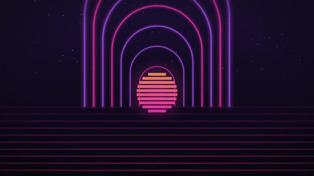 Retro futuristic neon arches receding toward a synthwave sun, 80s style motion background