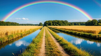 Fototapeta premium Vibrant rainbow arches over golden wheat field, calm waterway. Dirt path leads through rural countryside under blue sky with white clouds. Scenic landscape shows peaceful summer nature after rain