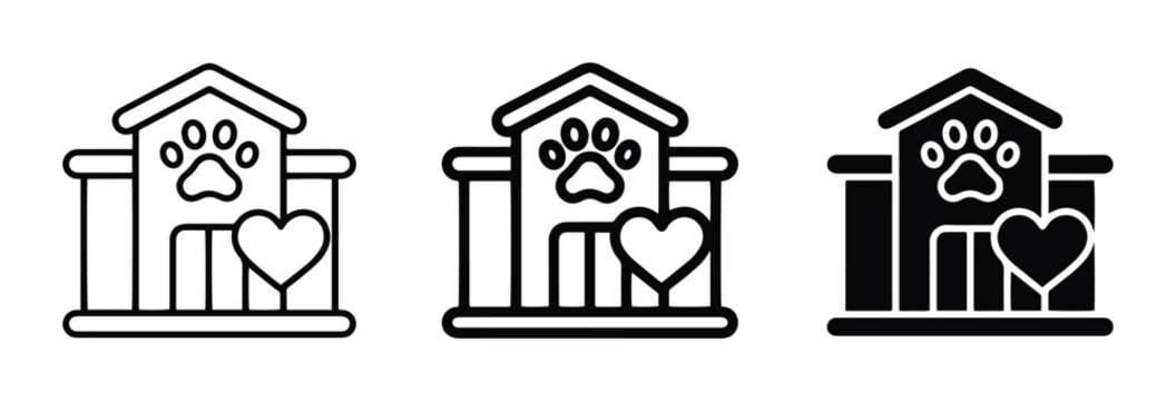 Pet adoption center icons set with paw print and heart, animal care and shelter
