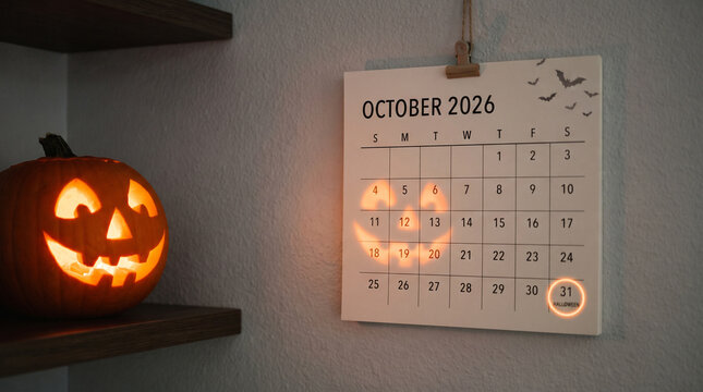 Jackolantern pumpkin glowing next to an october 2026 calendar on a wall with halloween marked on the 31st