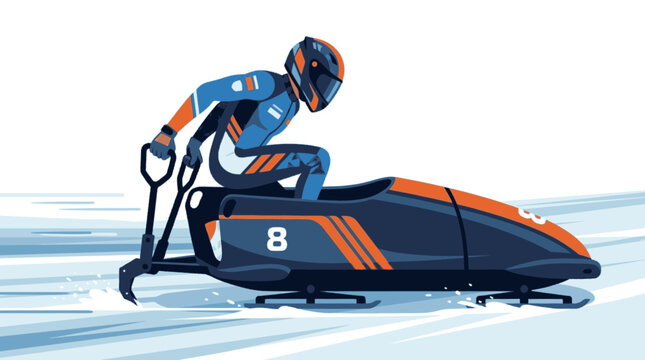 Bobsleigh athlete pushing sled on ice track during fast winter sports race competition.