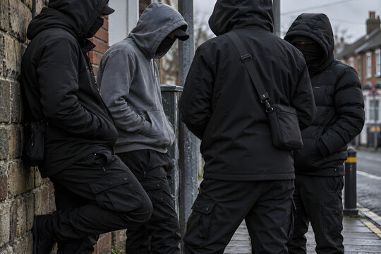 Group of Hooded Masked Youths Gathering on Urban Street