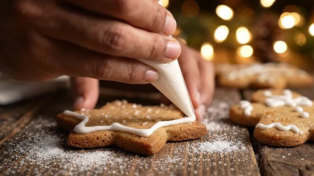 Decorating Gingerbread Cookies with White Royal Icing, Christmas Holiday Baking