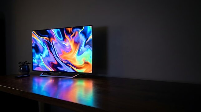 Modern Television with Vibrant Colorful Abstract Screen in a Dark Room