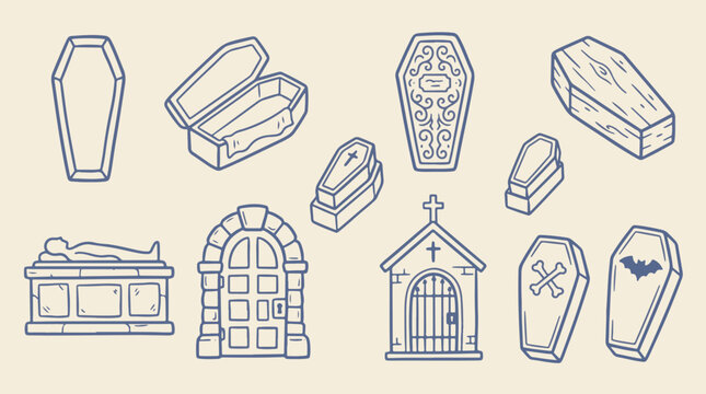 Halloween coffins crypts tombs and mausoleum hand drawn vector set