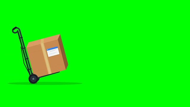 Flat 2D vector animation of a hand truck dolly carrying a cardboard shipping package and moving rapidly in a seamless loop on a clean green screen background. The logistics delivery concept features r
