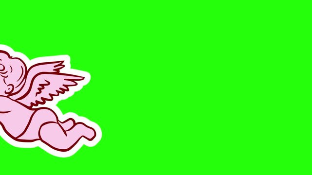 Cute Cupid Flying with Bow and Arrow Aiming Heart Isolated on Chroma Key Green Screen Background