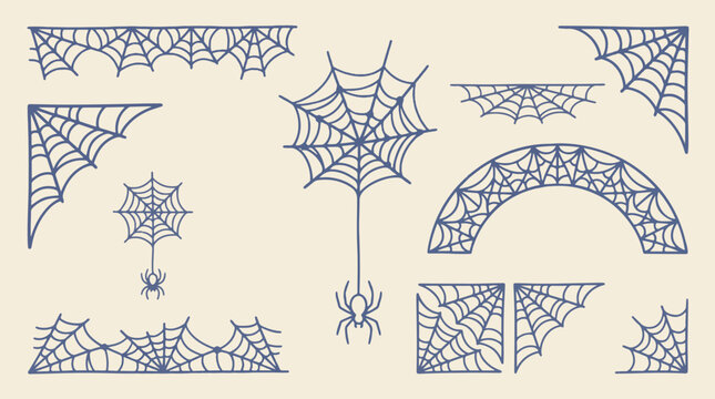 Halloween spider web borders and cobweb corners hand drawn vector set
