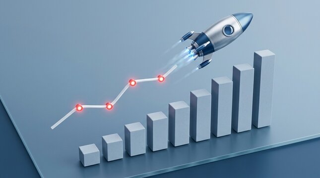 A silver rocket ship ascends rapidly along a vibrant upward trending line graph with glowing red points indicating progress, showcasing substantial business growth and impressive financial
