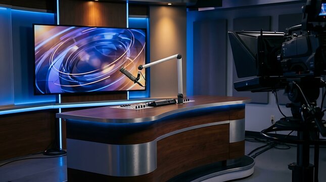 Professional television news broadcast setup in modern studio with camera and monitor