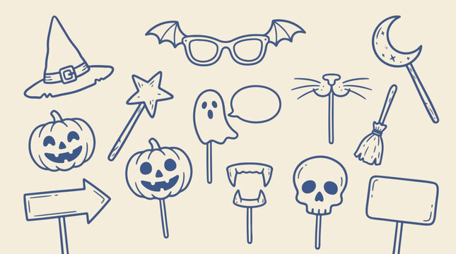 Halloween photo booth masks wands and party props vector set