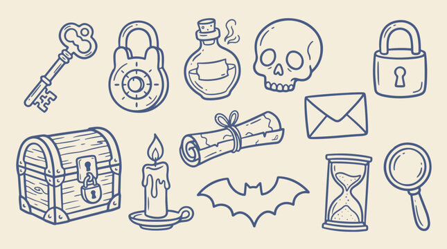 Halloween escape room keys locks clues and puzzle vector set