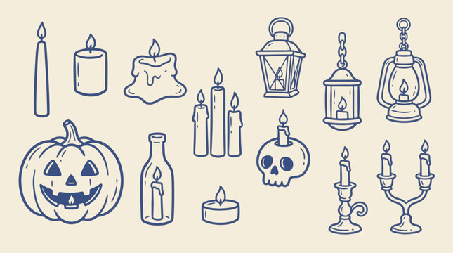Halloween candles lanterns and spooky lighting hand drawn vector set
