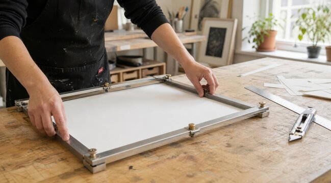 Artist aligning paper in studio workspace