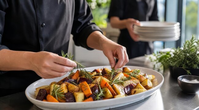 Catering staff garnishing roasted root vegetables with rosemary