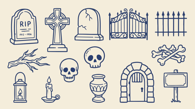 Halloween cemetery tombstones gates and memorial elements vector set