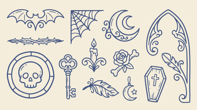 Halloween gothic ornaments skull keys roses and web vector set