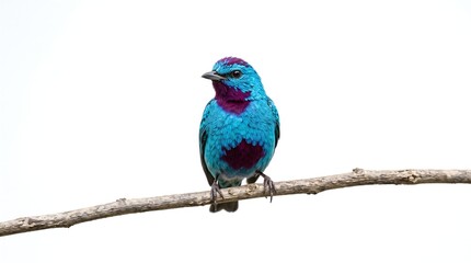 Obraz premium Vibrant Blue and Purple Songbird Resting on a Natural Branch Isolated Against a White Background