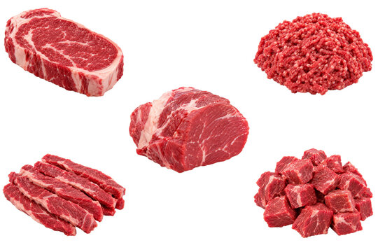 Assortment of Raw Beef Cuts, Ground Beef, Steak, Chunk, Strips and Cubes Isolated on Transparent Background