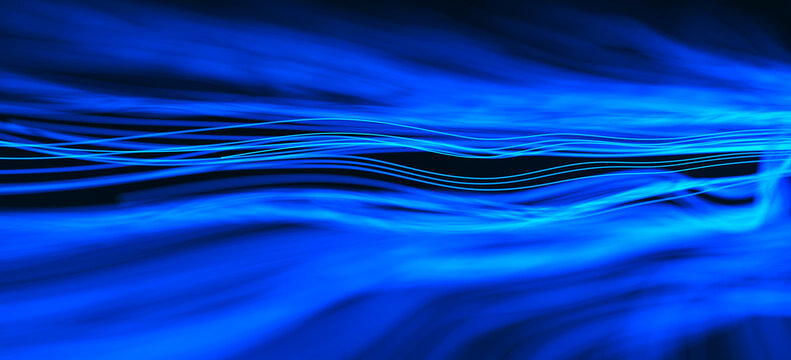 Abstract electric blue flowing wave lines and luminous energy ribbons creating a dynamic modern technology background for digital design. 3D Rendering