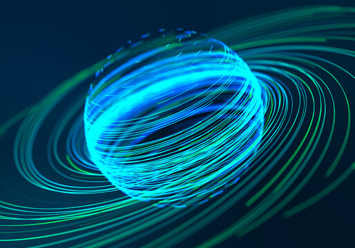 Abstract neon blue and green swirling light trails forming a luminous sphere on a dark futuristic background for digital technology concepts. 3D Rendering