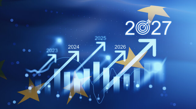 2027 forecast concept with rising financial charts, growth arrows, stars, and year milestones for a new future business background. 3D Rendering