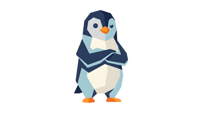 Low poly cartoon penguin character with folded arms on white background