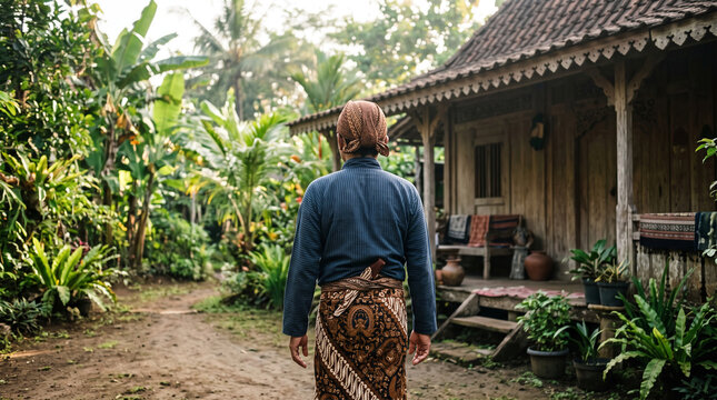 Back view of a Javanese man wearing traditional batik blangkon and cultural clothing in a rural setting
